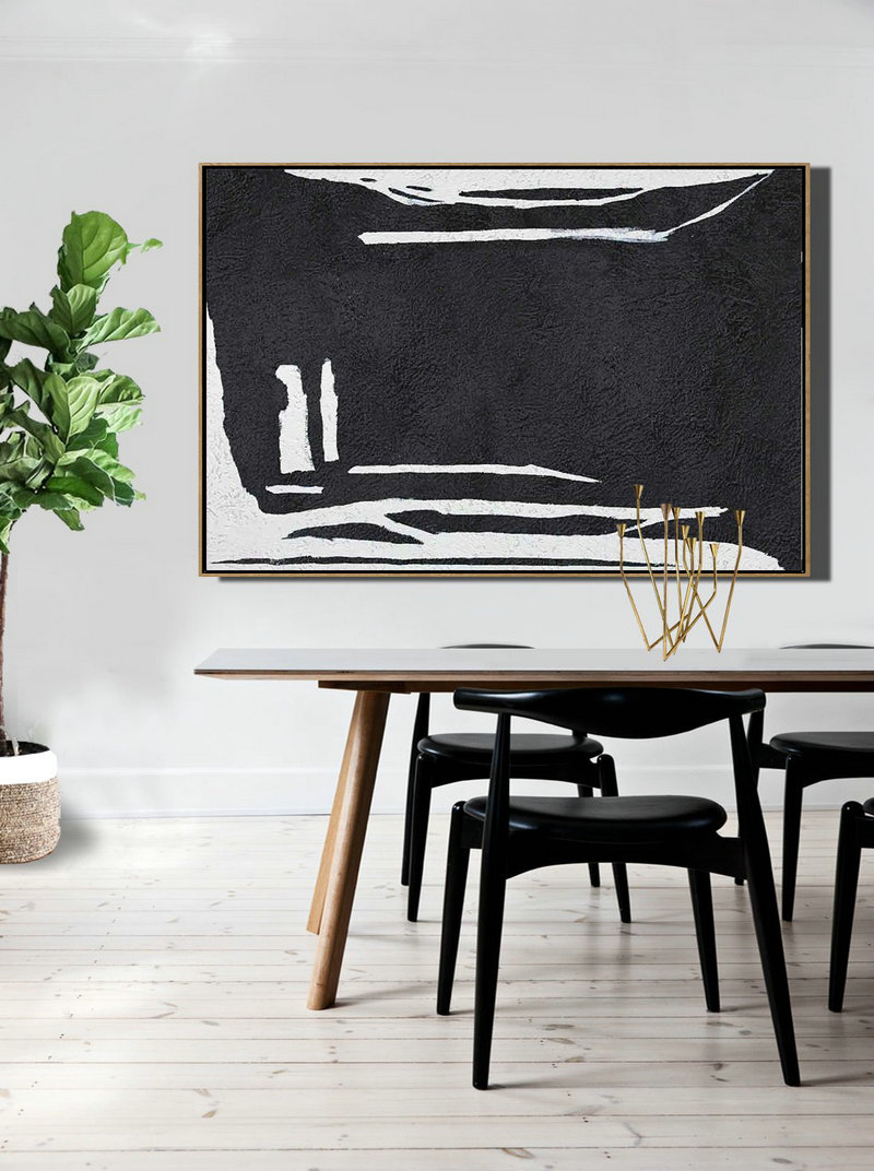 Modern Paintings On Canvas,Hand Painted Oversized Horizontal Minimal Art On Canvas, Black And White Minimalist Painting - Acrylic Painting On Canvas